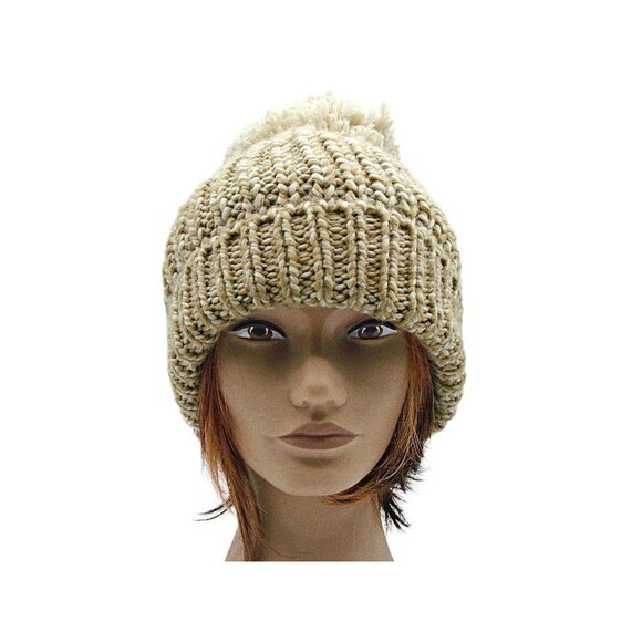 C.C Exclusives Pom Pom Beanie Hat Taupe Tan Chunky Yarn Knit Fold Over Warm OSFM - Picture 4 of 12